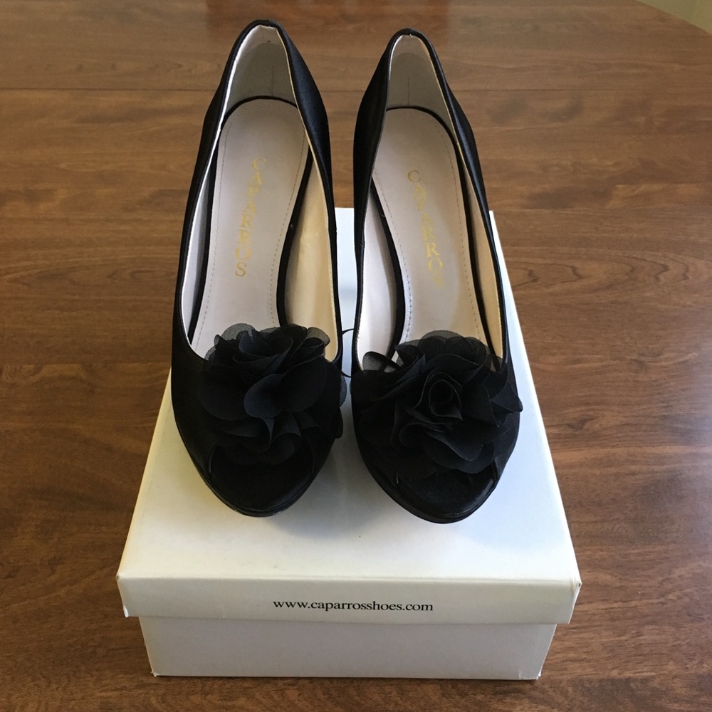 Caparros Serenity Black Satin Peep-toe High Heel
